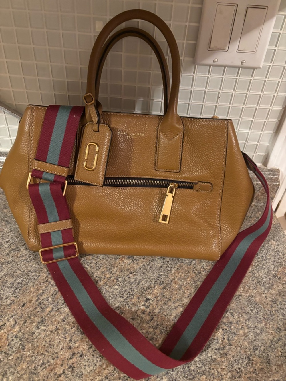 Marc Jacobs Mustard-Tan Leather Carryall with Striped Burgundy & Teal Strap